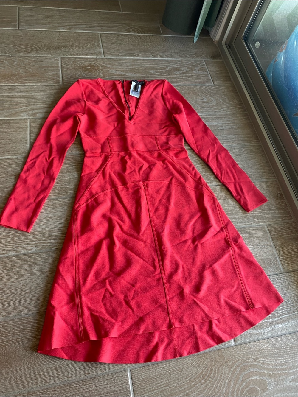 BCBGMaxAzria Red Long-Sleeve V-Neck Fit-and-Flare Dress